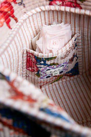 POL Velvet Striped Trim Woven Print Tote Bag in Blush