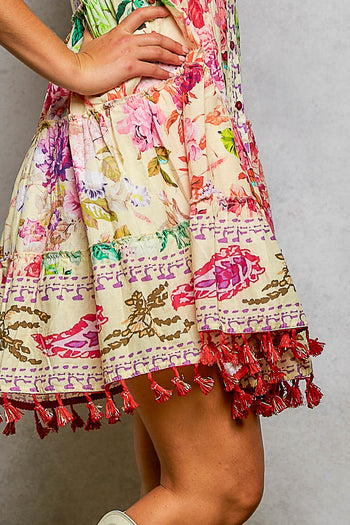 POL Mixed Print and Tassel Detail Tiered Mini Dress in Cream Multi