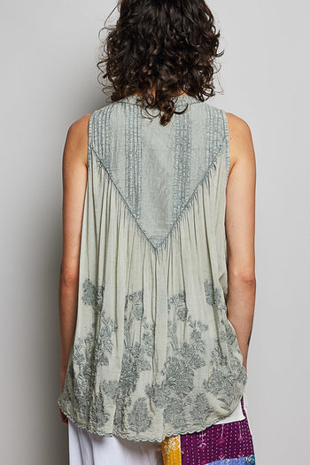 POL Washed Embroidered Pintuck Tank in Sage