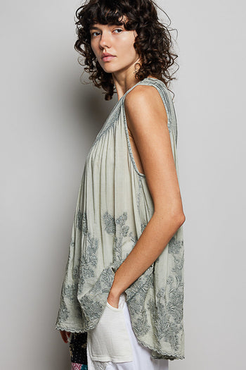 POL Washed Embroidered Pintuck Tank in Sage