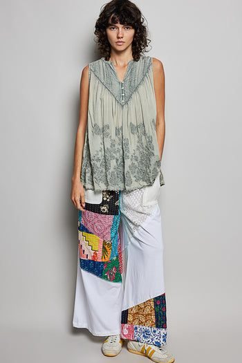 POL Washed Embroidered Pintuck Tank in Sage