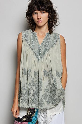 POL Washed Embroidered Pintuck Tank in Sage