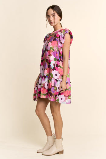 Davi & Dani Ruffle Sleeve Floral Dress in Berry Pink