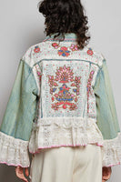 POL Mixed Fabric Denim Jacket With Hand-Embroidered Floral Details in Denim
