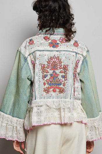 POL Mixed Fabric Denim Jacket With Hand-Embroidered Floral Details in Denim