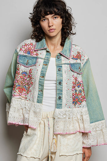 POL Mixed Fabric Denim Jacket With Hand-Embroidered Floral Details in Denim