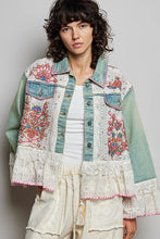 Load image into Gallery viewer, POL Mixed Fabric Denim Jacket With Hand-Embroidered Floral Details in Denim

