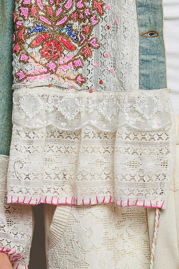 POL Mixed Fabric Denim Jacket With Hand-Embroidered Floral Details in Denim
