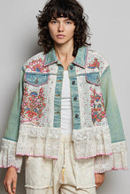 Load image into Gallery viewer, POL Mixed Fabric Denim Jacket With Hand-Embroidered Floral Details in Denim
