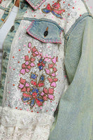 POL Mixed Fabric Denim Jacket With Hand-Embroidered Floral Details in Denim