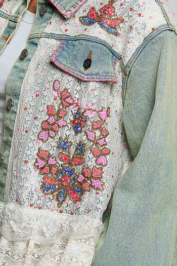 POL Mixed Fabric Denim Jacket With Hand-Embroidered Floral Details in Denim