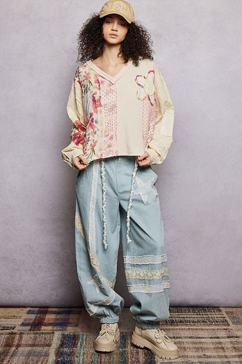 POL Floral Printed Patchwork Top in Almond ON ORDER