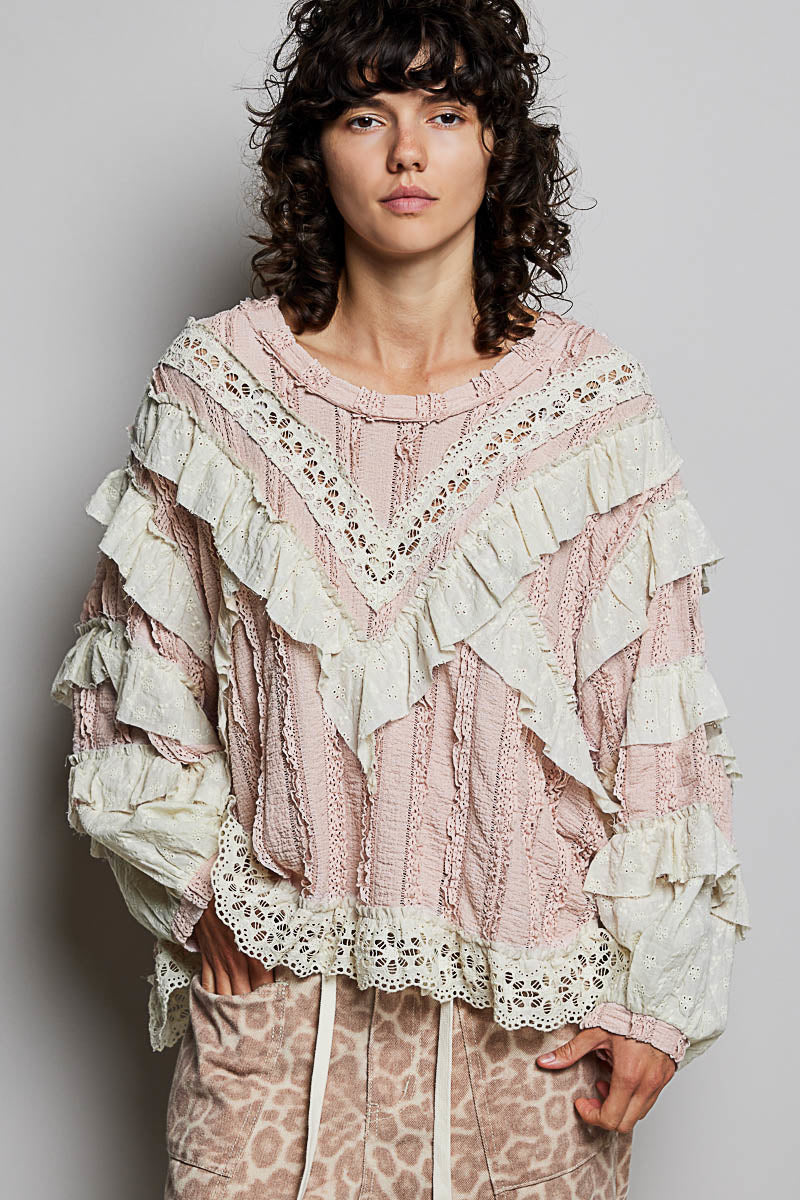 POL Ruffle Detailed Mixed Lace Top in Soft Pink – June Adel