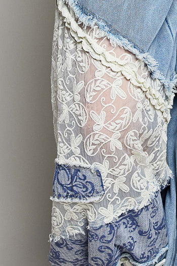 POL Denim and Print Crochet Ruffle Detailed Joggers in Denim