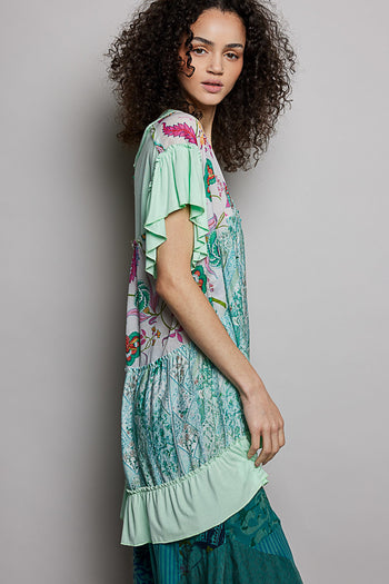 POL Oversized Mixed Print Babydoll Top in Lime Cream