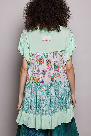 POL Oversized Mixed Print Babydoll Top in Lime Cream
