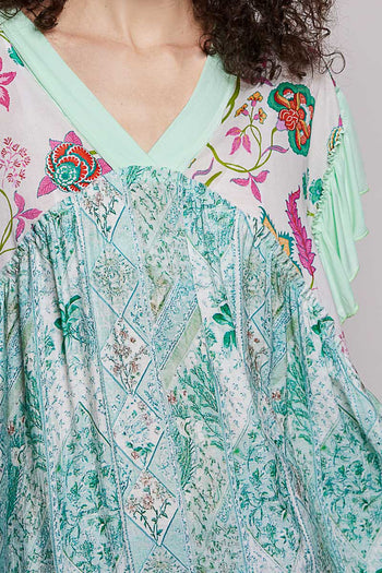 POL Oversized Mixed Print Babydoll Top in Lime Cream