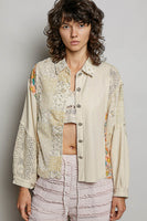 POL Patterned Patchwork and Crochet Detail Top in Cream Multi