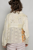 POL Patterned Patchwork and Crochet Detail Top in Cream Multi