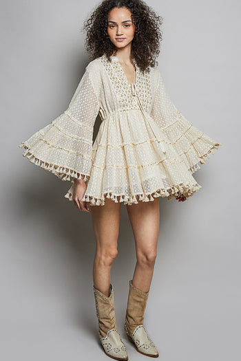 POL Fringe and Tassel Embroidered Mini Flare Dress in Natural ON ORDER