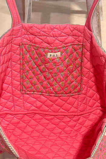 POL Quilted Floral Tote Bag in Pink/Yellow Multi