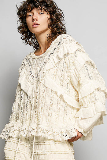 POL Ruffle Detailed Mixed Lace Top in Natural