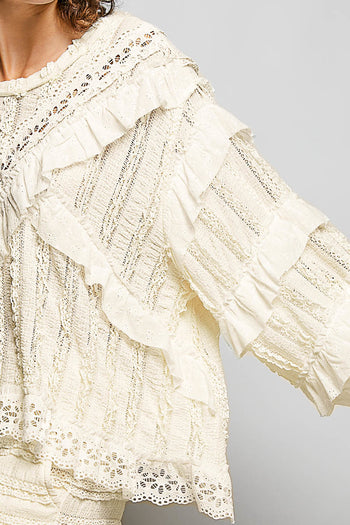 POL Ruffle Detailed Mixed Lace Top in Natural