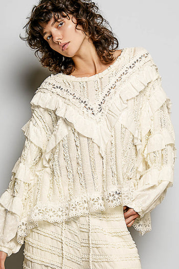 POL Ruffle Detailed Mixed Lace Top in Natural