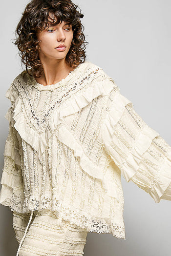 POL Ruffle Detailed Mixed Lace Top in Natural