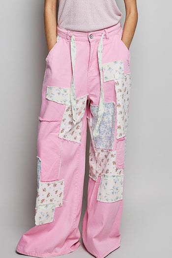POL Wide Leg Patched Pants in Pink Multi