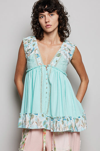POL V Neck Sleeveless Thermal Top with Contrasting Detail in Aqua