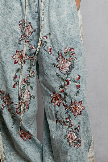 POL Denim Joggers with Floral Embroidery in Denim