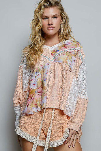 POL Mixed Lace and Printed Top in Apricot Multi