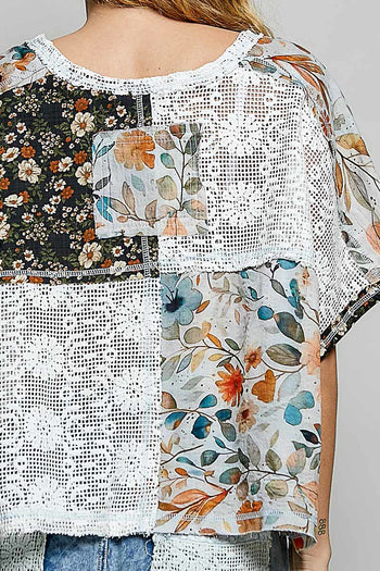 POL Lace and Mixed Floral Patchwork Top in Ivory Multi