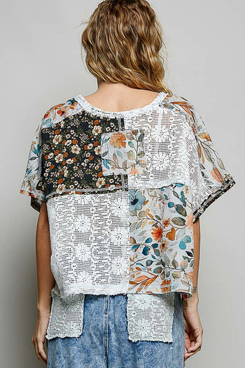 POL Lace and Mixed Floral Patchwork Top in Ivory Multi