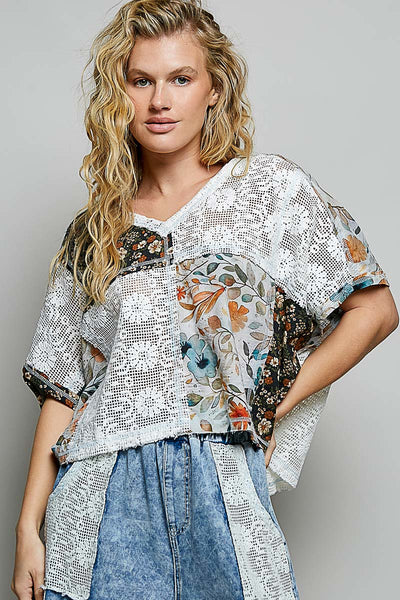 POL Lace and Mixed Floral Patchwork Top in Ivory Multi – June Adel