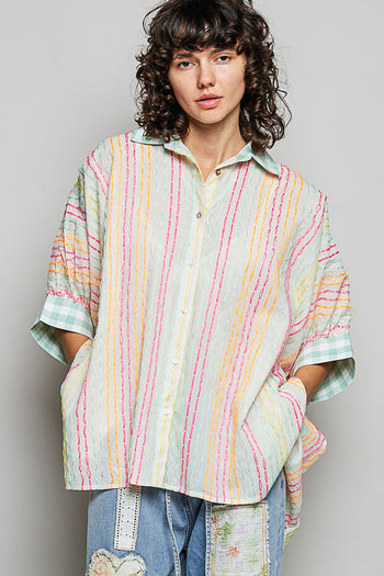 POL OVERSIZED Hand Stitched Striped Top in Ivory Multi