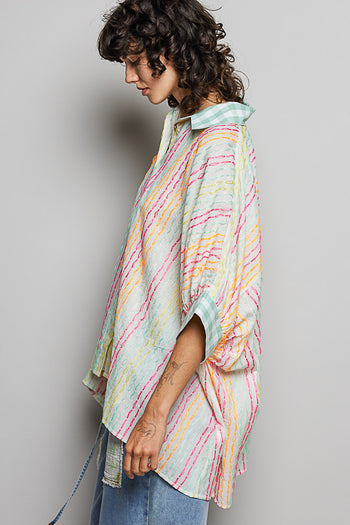 POL OVERSIZED Hand Stitched Striped Top in Ivory Multi