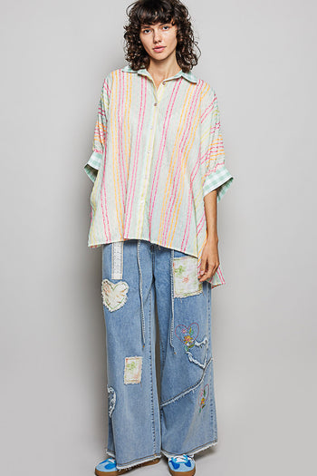 POL OVERSIZED Hand Stitched Striped Top in Ivory Multi
