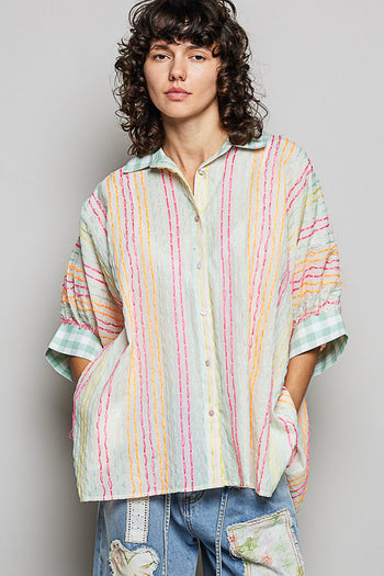 POL OVERSIZED Hand Stitched Striped Top in Ivory Multi
