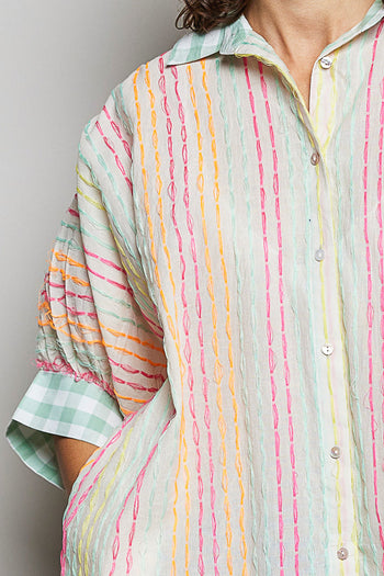 POL OVERSIZED Hand Stitched Striped Top in Ivory Multi