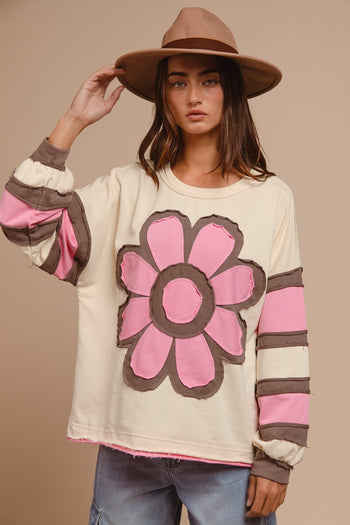 BiBi French Terry Top with Patchwork in Cream