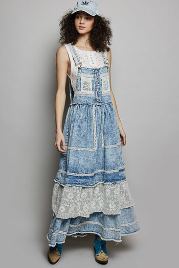 POL Denim Overall Dress with Lace and Crochet Details in Denim M