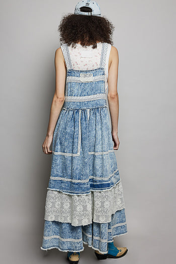 POL Denim Overall Dress with Lace and Crochet Details in Denim M at June Adel