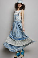 POL Denim Overall Dress with Lace and Crochet Details in Denim