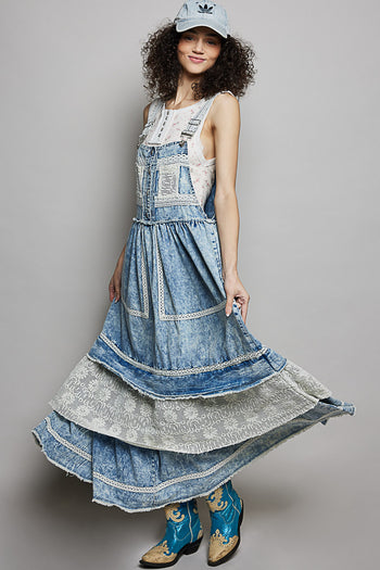 POL Denim Overall Dress with Lace and Crochet Details in Denim