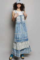 POL Denim Overall Dress with Lace and Crochet Details in Denim