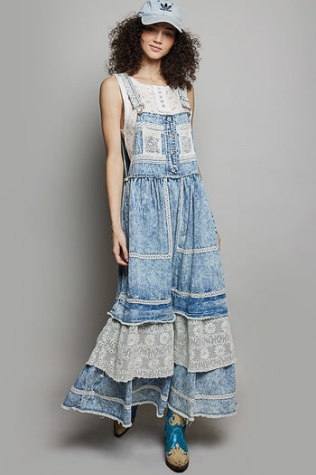 POL Denim Overall Dress with Lace and Crochet Details in Denim M at June Adel