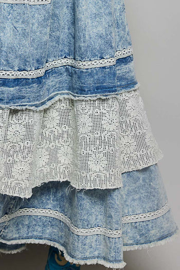 POL Denim Overall Dress with Lace and Crochet Details in Denim M at June Adel