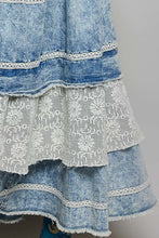 Load image into Gallery viewer, POL Denim Overall Dress with Lace and Crochet Details in Denim
